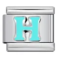 Stainless steel modular Italian bracelet charm with a light blue enamel letter H - Letter H (Y557)