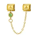 Elegant gold Italian modular charm link with vibrant green gemstone and safety chain - Green Rhinestone (ICG558-8)