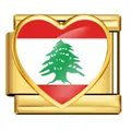 Gold stainless steel Italian charm link featuring a detailed Lebanon flag heart design - Heart Style Lebanon Flag (ICP-JH0001-LB)