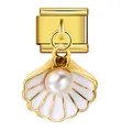 Detalle de colgante de concha dorada con perla para pulsera modular italiana - Estilo Concha de Esmalte Blanco y Perla (ICG005-2) / Dorado