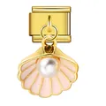 Detalle de un charm modular italiano dorado con colgante de concha rosa y perla - Estilo Concha de Esmalte Rosa y Perla (ICG006-2) / Dorado