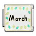 Vue détaillée d'un maillon de bracelet italien avec texte March et feuilles vertes. - Mars (MK-658)