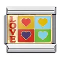 Detailed macro view of Italian charm link featuring LOVE text and colorful enamel hearts. - LOVE Letter Mixed Color Hearts (ICJ531) / Pack of 5