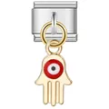 Detail view of a stainless steel Italian modular charm with a red Hamsa hand pendant - Red Hamsa Hand Pendant (ICG191) / ICG191