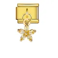 Close-up of gold stainless steel Italian charm link with yellow gemstone flower dangle - Yellow Marquise Five-Petal Flower Style (ICG019-2) / Gold