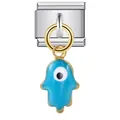 Premium Italian modular bracelet link featuring a blue Evil Eye Hamsa hand pendant - Blue Hamsa Hand Pendant (ICG192) / ICG192