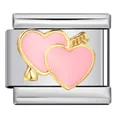 Italian modular bracelet link with pink hearts and golden arrow motif - Cupid's Arrow Double Heart Style (ICJ239-1)