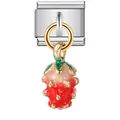 Stainless steel Italian charm modular link with a red dangling strawberry pendant - 3D Strawberry Pendant Style (ICG189)