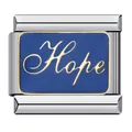 Eslabón de charm italiano de esmalte azul con texto Hope dorado, acero inoxidable - Letra Hope Escrita a Mano (ICJ113-1) / Paquete de 5