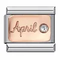 Charm italiano pietra portafortuna di aprile in acciaio inox oro rosa e zircone - Aprile April-Zirconia Bianca (ICJ824)