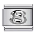 Close-up of a silver stainless steel modular bracelet charm with a 3D embossed number 8 design - Relief Number 8 (ICY711)