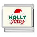 Close-up of stainless steel Italian charm link with festive Holly Jolly design. - Holly Jolly (ICP-JCAA0002) / Silver