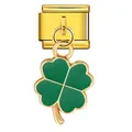 Gold Italian modular bracelet link featuring a vibrant green enamel four-leaf clover charm - Four-Leaf Clover Pendant Hook Style (ICG697-5)
