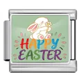 Primer plano de eslabón de pulsera italiana con conejo de Pascua y texto colorido - Estilo de Texto de Felices Pascuas (ICP-JCAA0174-1)