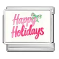 Stainless steel Italian charm for DIY bracelet featuring Happy Holidays and green bow - Happy Holidays (ICP-JCAA0004) / Silver