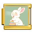 Eslabón de pulsera italiana dorado con un lindo diseño de conejo de Pascua animado - Estilo Conejo con Huevo Rayado (ICP-JCAA0176-2)