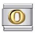 Detailed view of silver stainless steel Italian charm link with gold letter O - Arabic Numeral 0 / Silver Base Gold Numeral