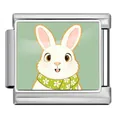 Vista detallada de una ilustración de conejo de Pascua en un charm italiano de acero - Estilo Conejo con Bufanda (ICP-JCAA0177-1)