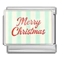 Edelstahl-Charm mit rotem Merry Christmas Schriftzug und blau-weißen Streifen. - Frohe Weihnachten (ICP-JCAA0007) / Silber