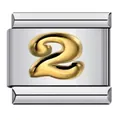 Detailed macro view of a gold-plated number 2 on a stainless steel Italian modular charm - Arabic Numeral 2 / Silver Base Gold Numeral