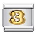 Detail of stainless steel Italian charm bracelet link with gold numeral 3 - Arabic Numeral 3 / Silver Base Gold Numeral