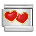Detalle de corazones de esmalte rojo entrelazados en dije de pulsera modular de acero - Corazón Rojo Doble Borde Dorado (ICJ1492)