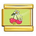 Premium gold-toned Italian modular charm link with pink cherry and flower design for DIY jewelry - Gold Cherry Flower (ICP-YCAA0077-2)