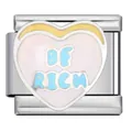 Vista macro de un charm de corazón italiano de acero inoxidable con texto Be Rich en esmalte azul - Corazón Blanco BE RICH (ICJ1663)