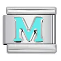 Stainless steel Italian charm bracelet link featuring cyan blue enamel letter M detail - Letter M (Y562)