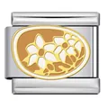 Detailed view of a vintage style Italian charm with gold floral pattern and beige enamel. - Beige Hollow Floral (ICJ2684)