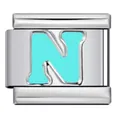 Stainless steel sky blue enamel letter N charm link for Italian modular DIY bracelets - Letter N (Y563)