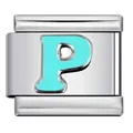 Stainless steel Italian modular charm link with a light blue enamel letter P design - Letter P (Y565)