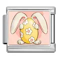 Easter bunny holding floral egg Italian charm bracelet link made of stainless steel - Silver White Bunny Yellow Egg Style (ICP-JCAA0153-1) / Single Piece