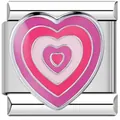 Gedetailleerde opname van roze hart emaille bedeltje voor Italiaanse modulaire armband - Roze Concentrisch Hart (ICJ125)