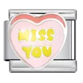 Charm italiano de corazón esmaltado rosa con texto MISS YOU amarillo para pulsera DIY - MISS YOU Corazón (ICJ1388) / MISS YOU Rosa (ICJ1388)