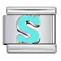 Light blue enamel letter S charm for Italian modular bracelet in stainless steel - Letter S (Y568)