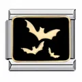 Macro detail of a modular Italian charm link with golden bat motifs on black enamel - Black Gold Three Bats Style (ICJ701)