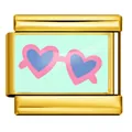 Gold stainless steel Italian charm module featuring pink heart-shaped sunglasses on blue background - Gold Heart Glasses (ICP-YCAA0087-2)