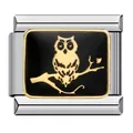 Detailed macro view of a gold-tone owl on a branch Italian charm link for bracelet - Black Gold Owl Style (ICJ702)