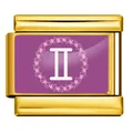 Gemini Sternzeichen Italienischer Modul-Charm aus vergoldetem Edelstahl in Violett - Zwillinge - Lila (Goldener Rahmen)