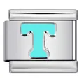 Italian modular charm link in stainless steel with light blue enamel letter T for DIY bracelet - Letter T (Y569)