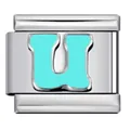 Silver stainless steel modular charm link with light blue enamel letter U for DIY jewelry - Letter U (Y570)