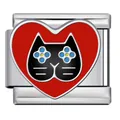 Heart shaped Italian modular charm link with retro black cat design and red enamel - Red Heart Black Cat (ICJ2699)