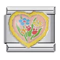Detailweergave van hartvormige bloem emaille Italiaanse charm in roestvrij staal - Kleurrijk Floraal Roze Hart (ICJ788)