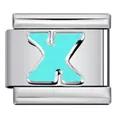 Customizable Italian link charm in titanium steel featuring a sky blue enamel letter X - Letter X (Y573)