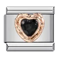 Rose gold heart link with black stone for DIY Italian charm bracelet - Black Heart Rose Gold Textured Style (ICJ845)