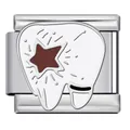 Silver Italian modular bracelet charm with white enamel tooth and brown star detail - White Tooth Brown Star (ICJ2703)