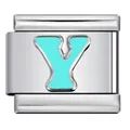Sky blue enamel letter Y charm in polished stainless steel for modular bracelets - Letter Y (Y574)