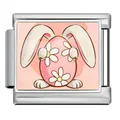Italian charm bracelet link made of stainless steel with pink Easter egg and bunny motif - Silver Pink Easter Egg Bunny Ears Style (ICP-JCAA0157-1) / 5 Pieces