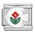 Vintage Italian modular charm link featuring white enamel fish and red flower design - White Fish Red Flower (ICJ2698)